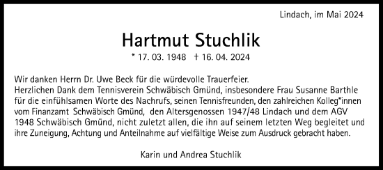 Traueranzeige von Hartmut Stuchlik von Gmünder Tagespost