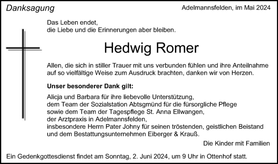 Traueranzeige von Hedwig Romer von Schwäbische Post