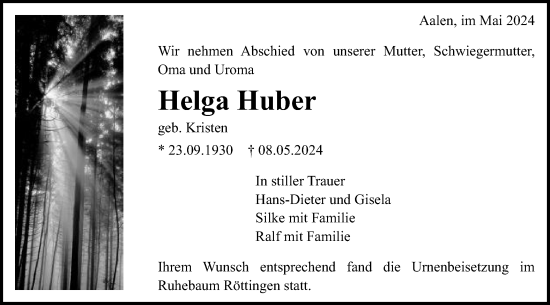 Traueranzeige von Helga Huber von Schwäbische Post