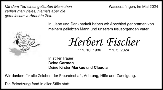 Traueranzeige von Herbert Fischer von Schwäbische Post
