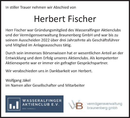 Traueranzeige von Herbert Fischer von Schwäbische Post