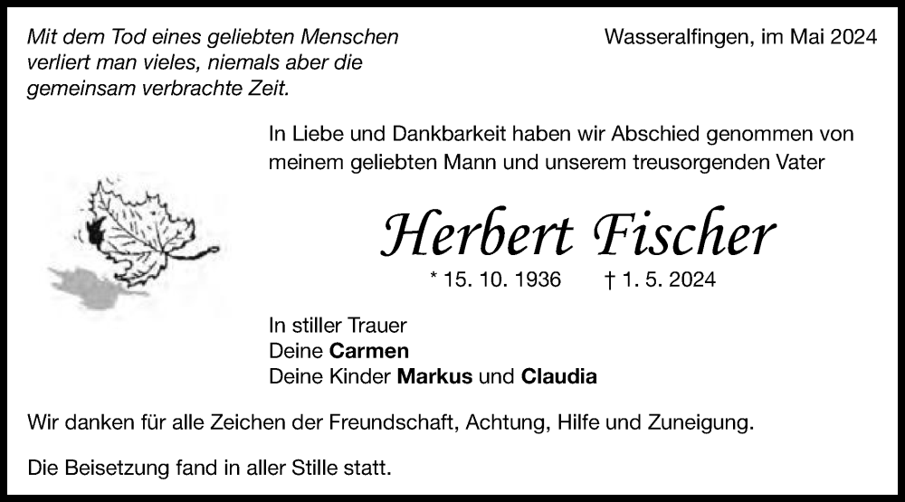  Traueranzeige für Herbert Fischer vom 18.05.2024 aus Schwäbische Post