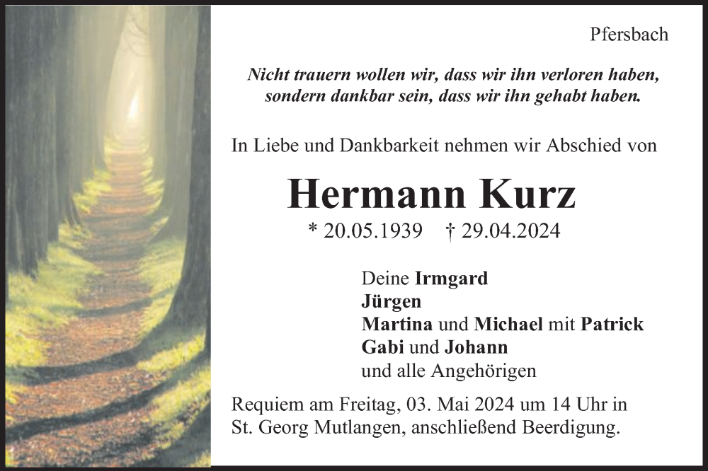  Traueranzeige für Hermann Kurz vom 02.05.2024 aus Gmünder Tagespost