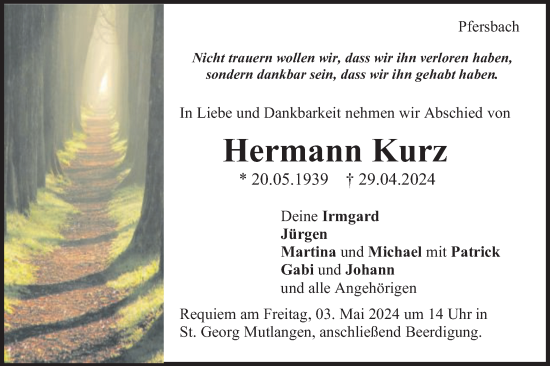 Traueranzeige von Hermann Kurz von Gmünder Tagespost