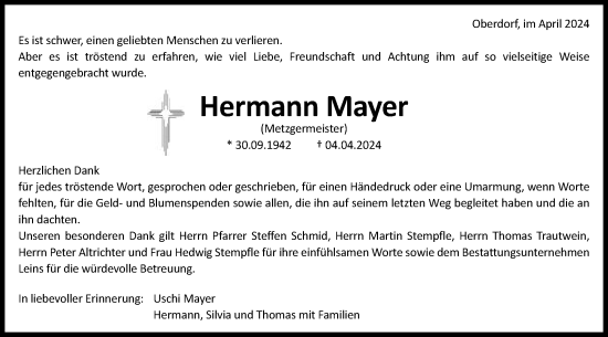 Traueranzeige von Hermann Mayer von Schwäbische Post