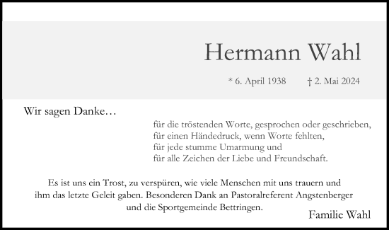 Traueranzeige von Hermann Wahl von Gmünder Tagespost
