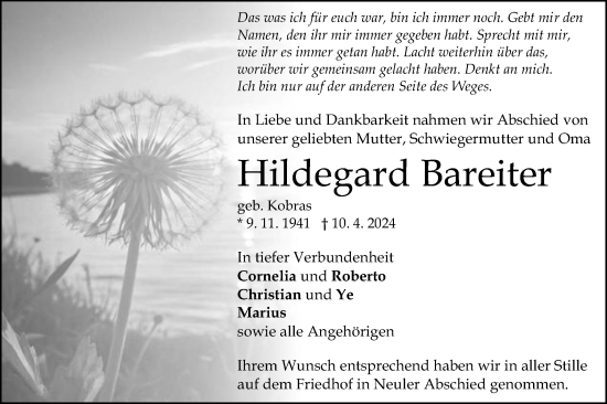 Traueranzeige von Hildegard Bareiter von Schwäbische Post