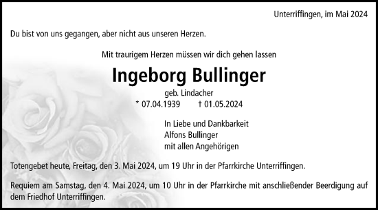 Traueranzeige von Ingeborg Bullinger von Schwäbische Post