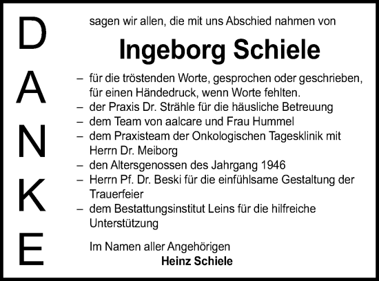 Traueranzeige von Ingeborg Schiele von Schwäbische Post