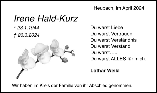Traueranzeige von Irene Hald-Kurz von Gmünder Tagespost