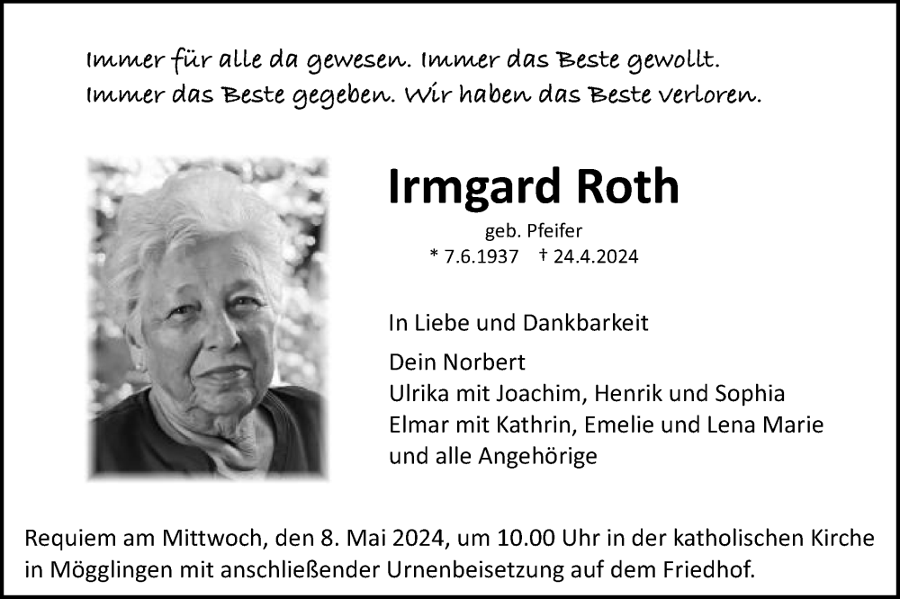  Traueranzeige für Irmgard Roth vom 04.05.2024 aus Schwäbische Post