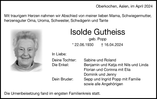 Traueranzeige von Isolde Gutheiss von Schwäbische Post