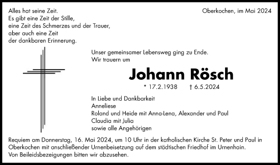 Traueranzeige von Johann Rösch von Schwäbische Post