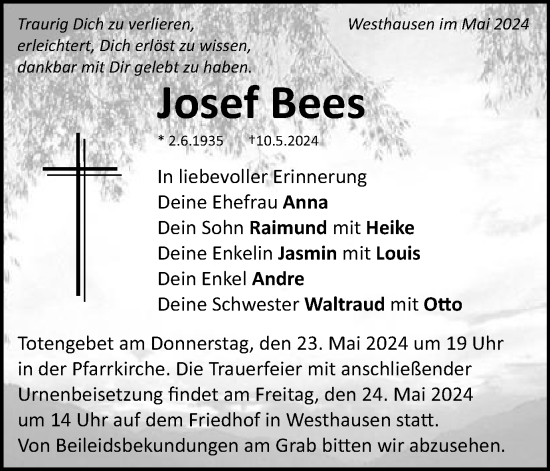 Traueranzeige von Josef Bees von Schwäbische Post