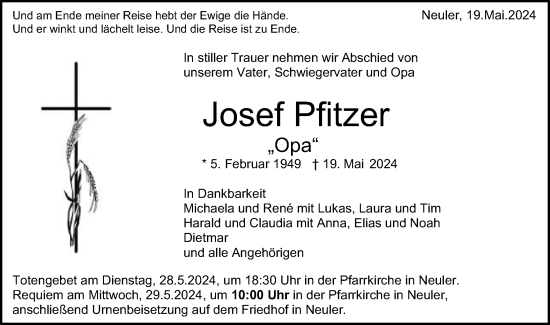 Traueranzeige von Josef Pfitzer von Schwäbische Post