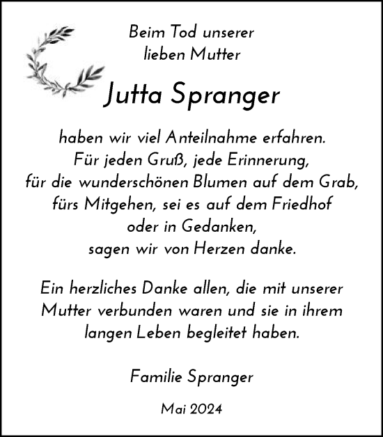 Traueranzeige von Jutta Spranger von Gmünder Tagespost