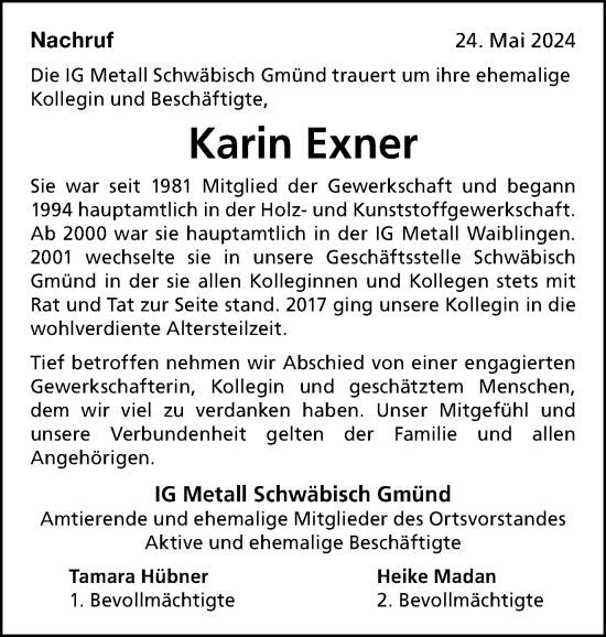 Traueranzeige von Karin Exner von Gmünder Tagespost