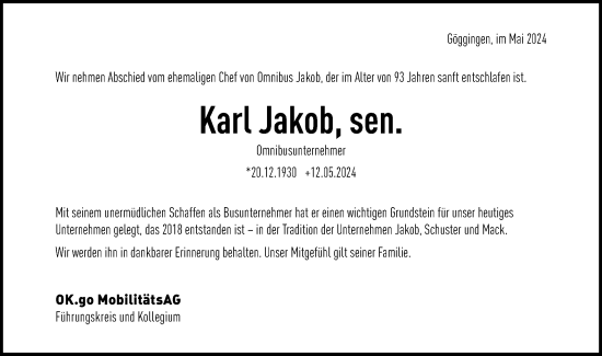 Traueranzeige von Karl Jakob von Gmünder Tagespost