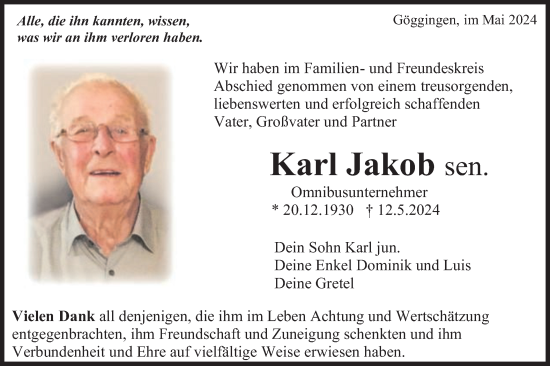 Traueranzeige von Karl Jakob von Gmünder Tagespost