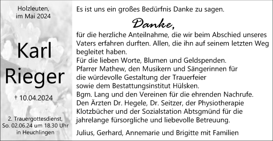 Traueranzeige von Karl Rieger von Schwäbische Post