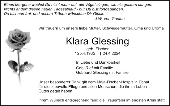 Traueranzeige von Klara Glessing von Schwäbische Post