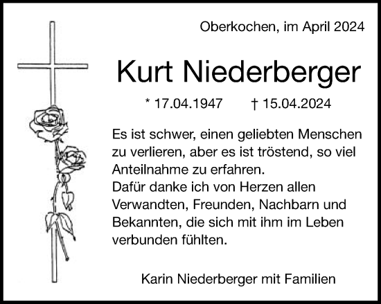 Traueranzeige von Kurt Niederberger von Schwäbische Post