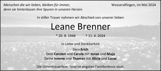 Traueranzeige von Leane Brenner von Schwäbische Post