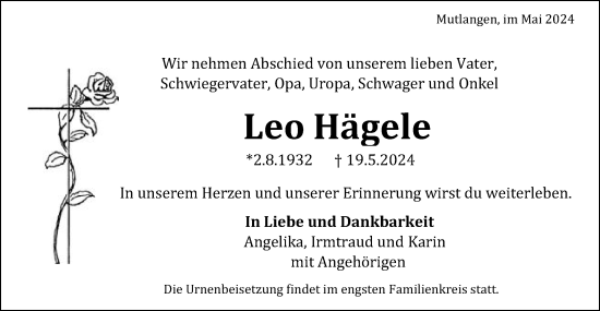 Traueranzeige von Leo Hägele von Gmünder Tagespost