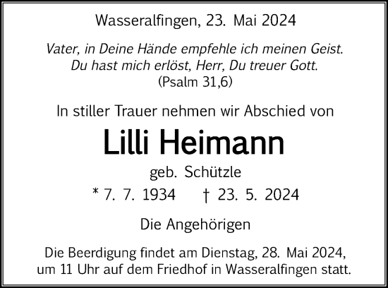 Traueranzeige von Lilli Heimann von Schwäbische Post