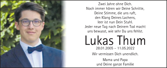 Traueranzeige von Lukas Thum von Schwäbische Post