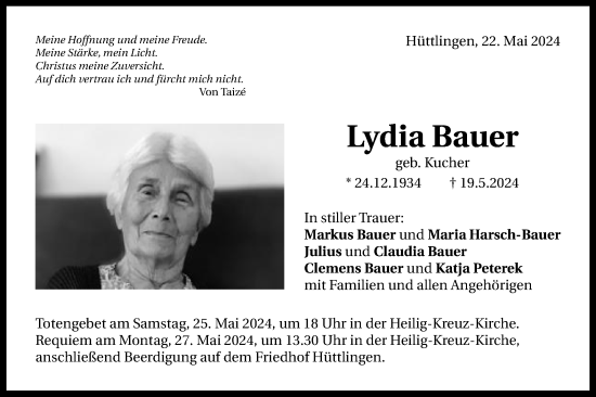 Traueranzeige von Lydia Bauer von Schwäbische Post