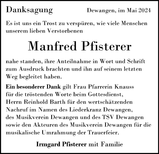 Traueranzeige von Manfred Pfisterer von Schwäbische Post