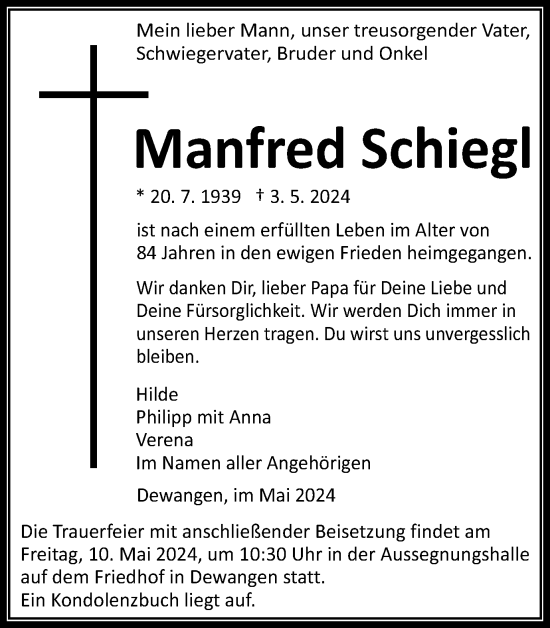 Traueranzeige von Manfred Schiegl von Schwäbische Post