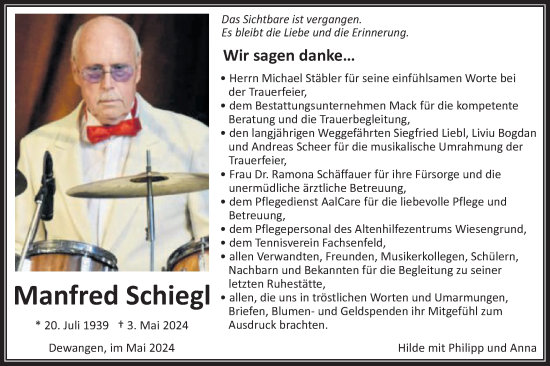 Traueranzeige von Manfred Schiegl von Schwäbische Post