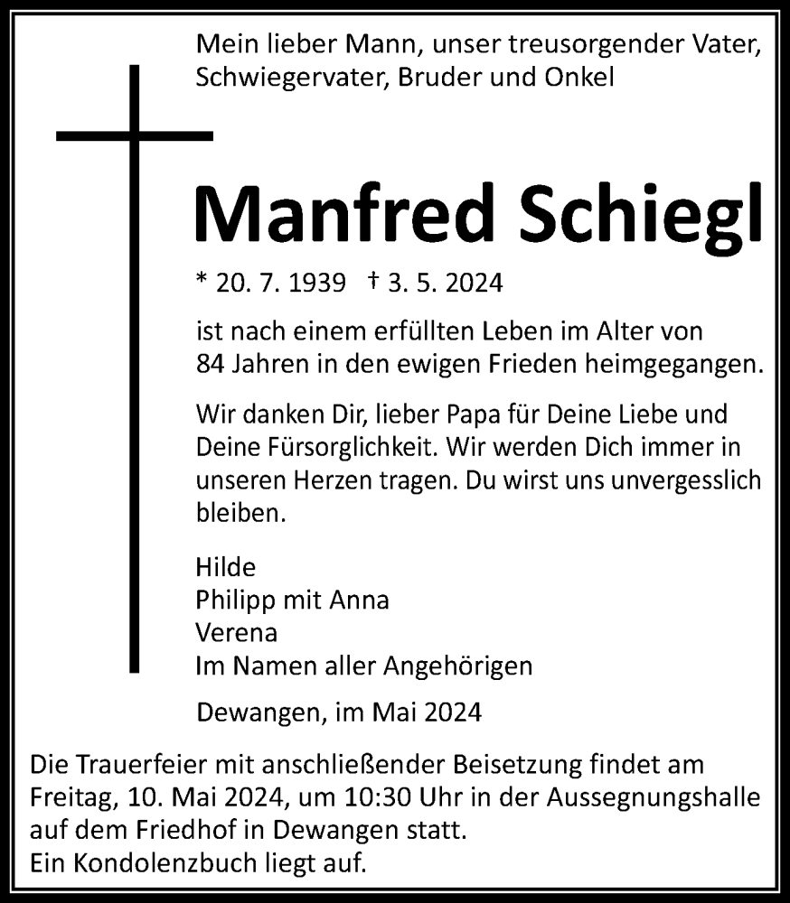  Traueranzeige für Manfred Schiegl vom 07.05.2024 aus Schwäbische Post
