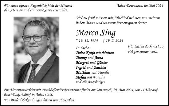 Traueranzeige von Marco Sing von Schwäbische Post