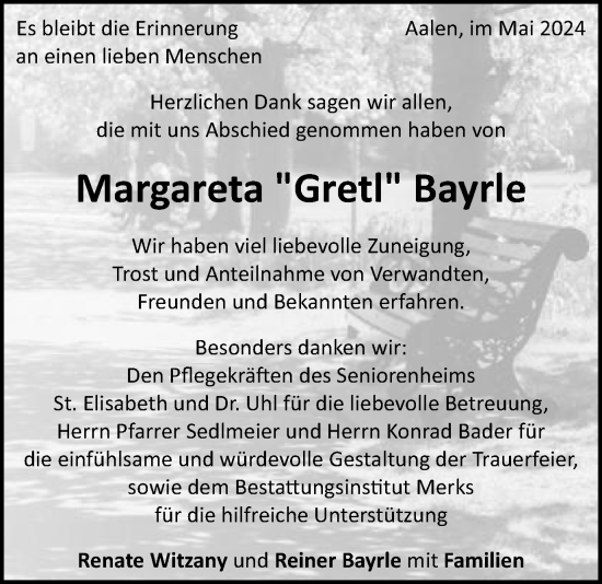 Traueranzeige von Margareta Bayrle von Schwäbische Post