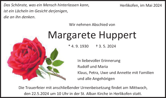 Traueranzeige von Margarete Huppert von Gmünder Tagespost