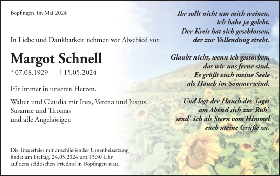 Traueranzeige von Margot Schnell von Schwäbische Post