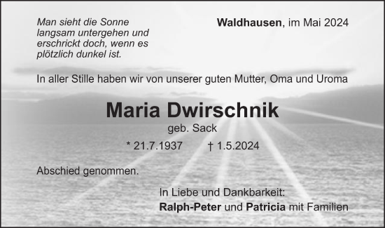 Traueranzeige von Maria Dwirschnik von Gmünder Tagespost