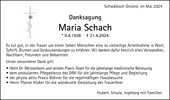 Traueranzeige von Maria Schach von Gmünder Tagespost