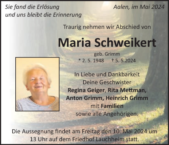 Traueranzeige von Maria Schweikert von Schwäbische Post