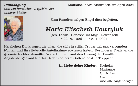 Traueranzeige von Maria Elisabeth Hawryluk von Schwäbische Post