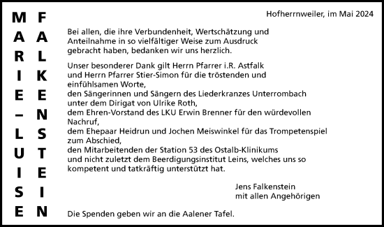 Traueranzeige von Marie-Luise Falkenstein von Schwäbische Post