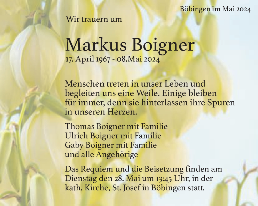  Traueranzeige für Markus Boigner vom 25.05.2024 aus Gmünder Tagespost