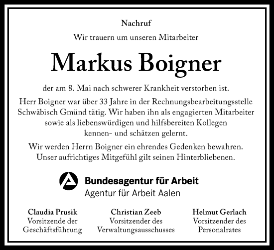 Traueranzeige von Markus Boigner von Gmünder Tagespost