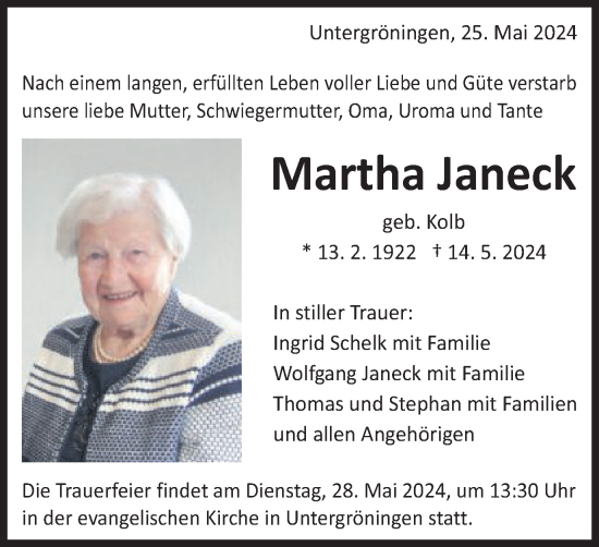 Traueranzeige von Martha Janeck von Gmünder Tagespost