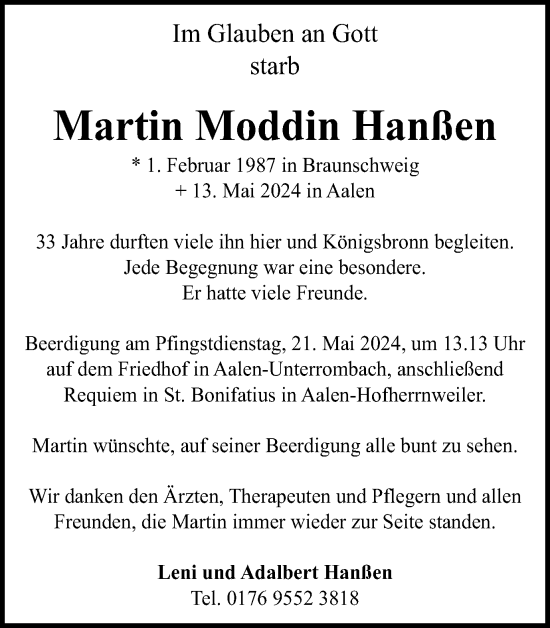 Traueranzeige von Martin Moddin Hanßen von Schwäbische Post