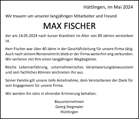 Traueranzeige von Max Fischer von Schwäbische Post