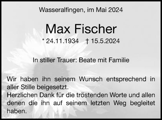 Traueranzeige von Max Fischer von Schwäbische Post